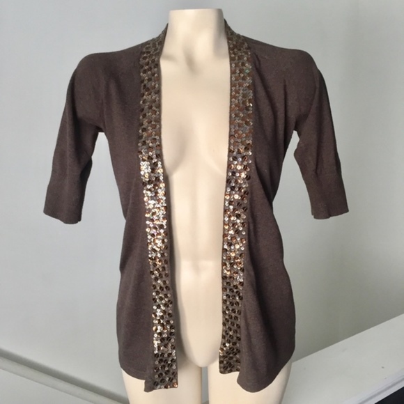 Express Holiday Cardigan Brown w/ Sprakle Sequins - Picture 2 of 7